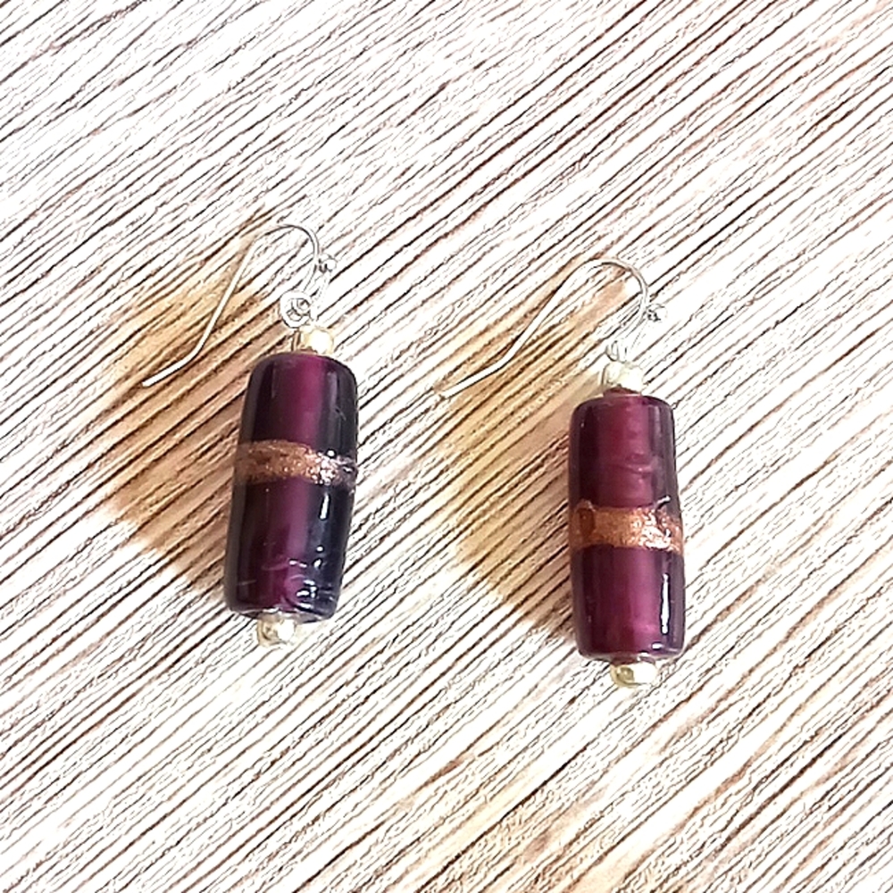 New sterling silver blown glass boho purple and rose gold statement earrings
